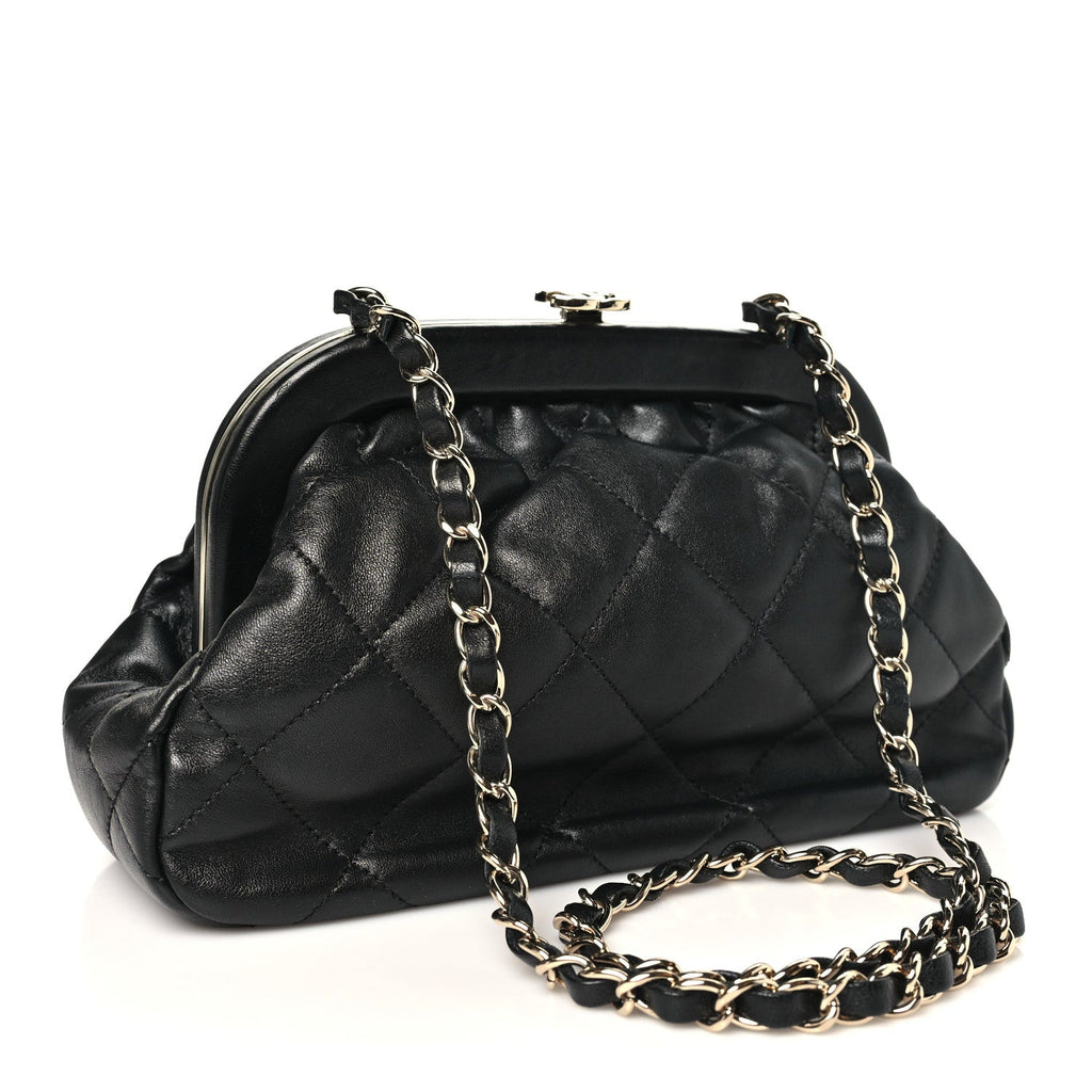Lambskin Quilted CC Kisslock Clutch Black