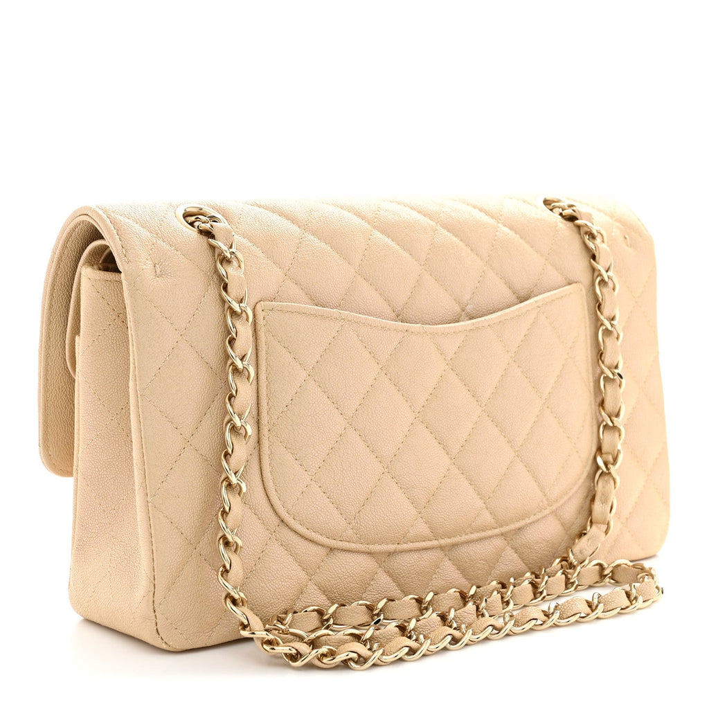 Iridescent Caviar Quilted Medium Double Flap Beige