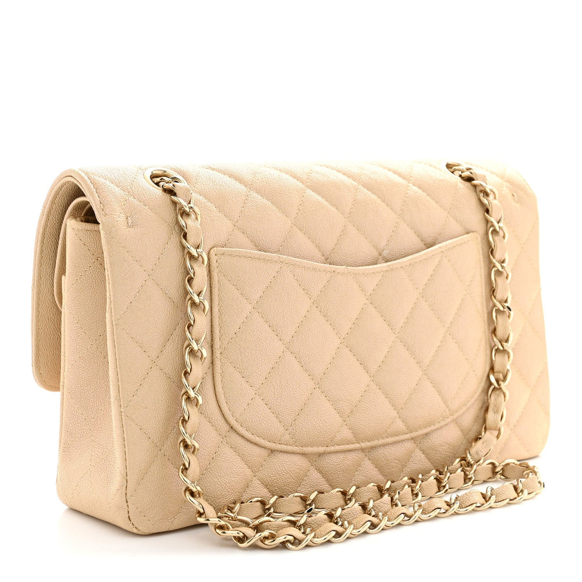 Iridescent Caviar Quilted Medium Double Flap Beige