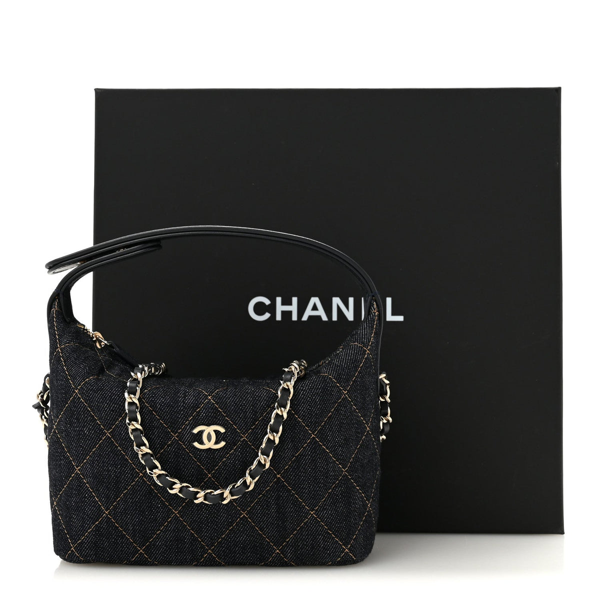 Denim Quilted Hobo Clutch With Chain Dark Blue Orange