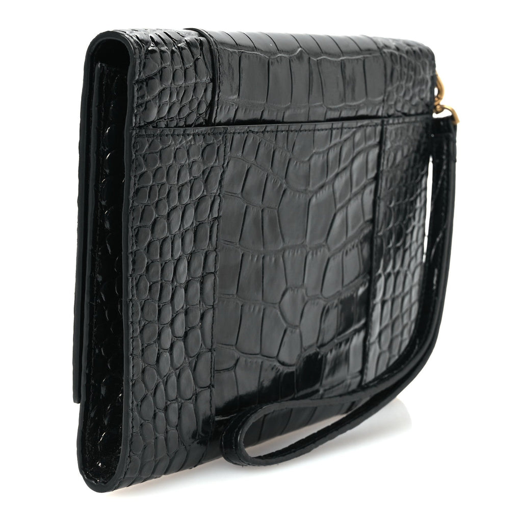 Shiny Calfskin Crocodile Embossed Hourglass Gusset Pouch Black