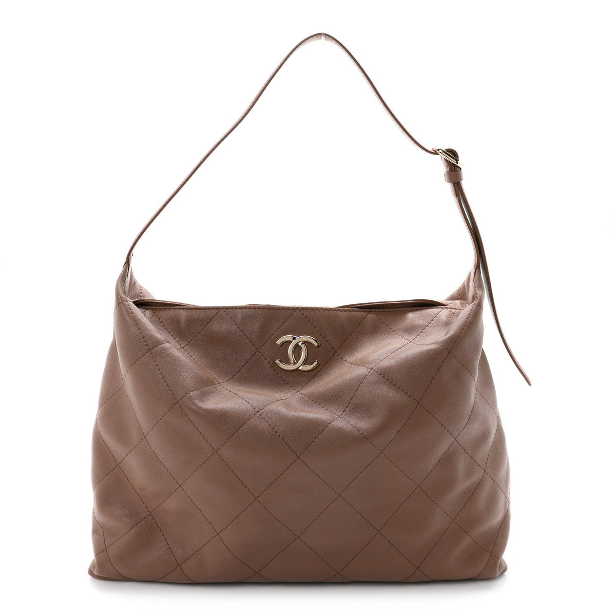 Shiny Lambskin Quilted Maxi Hobo Brown