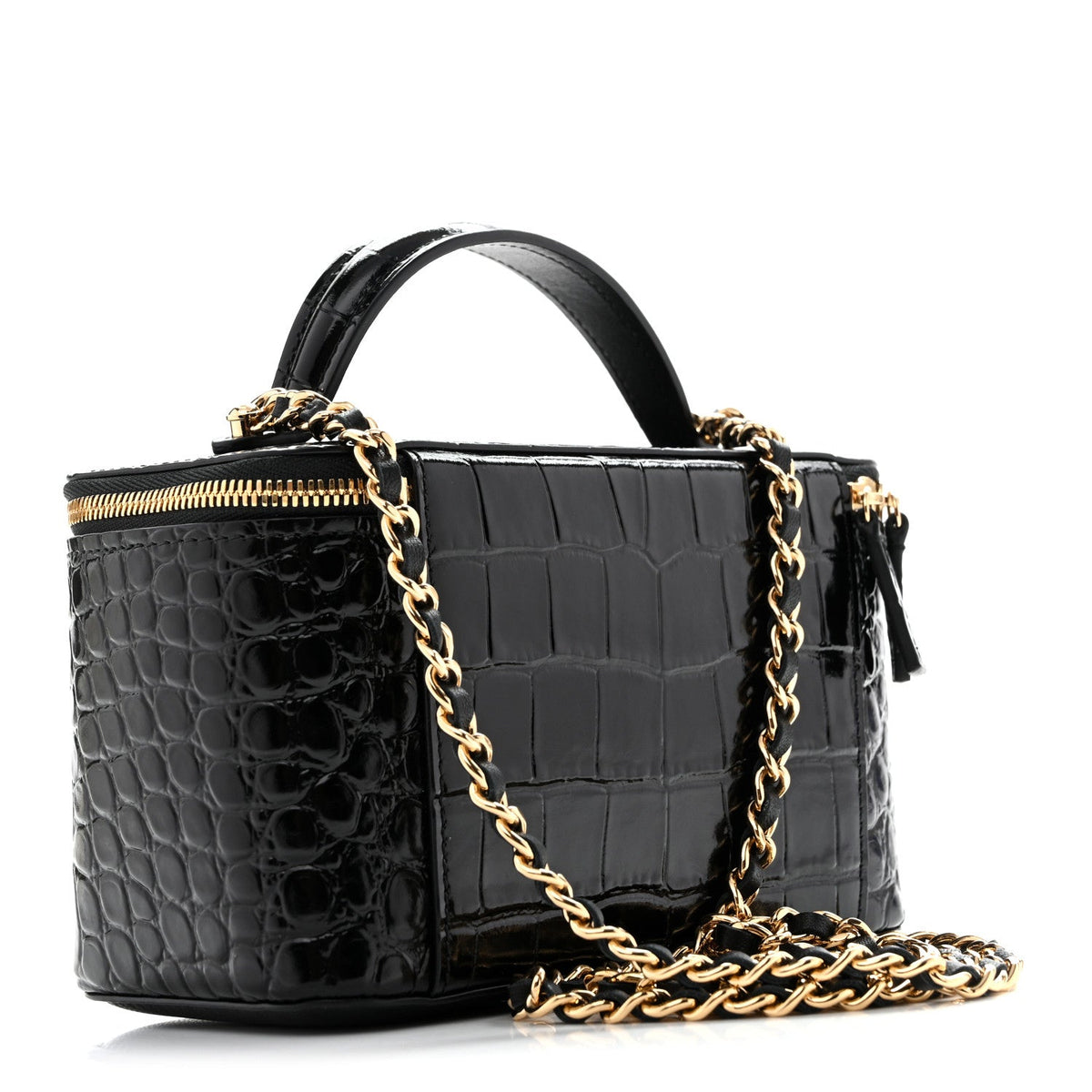 Calfskin Crocodile Embossed Crococo Small Top Handle Vanity Case With Chain Black