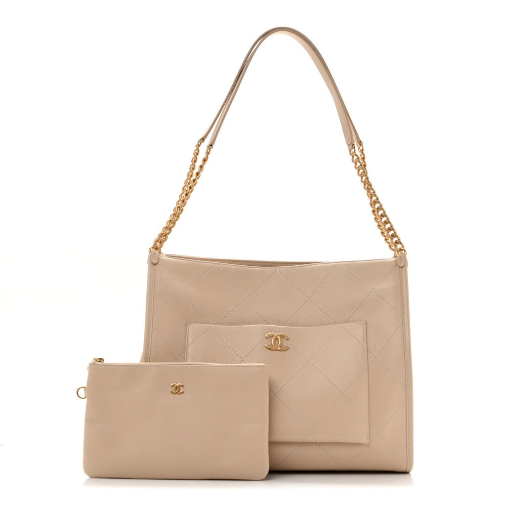 Caviar Stitched Pocket CC Large Tote Beige