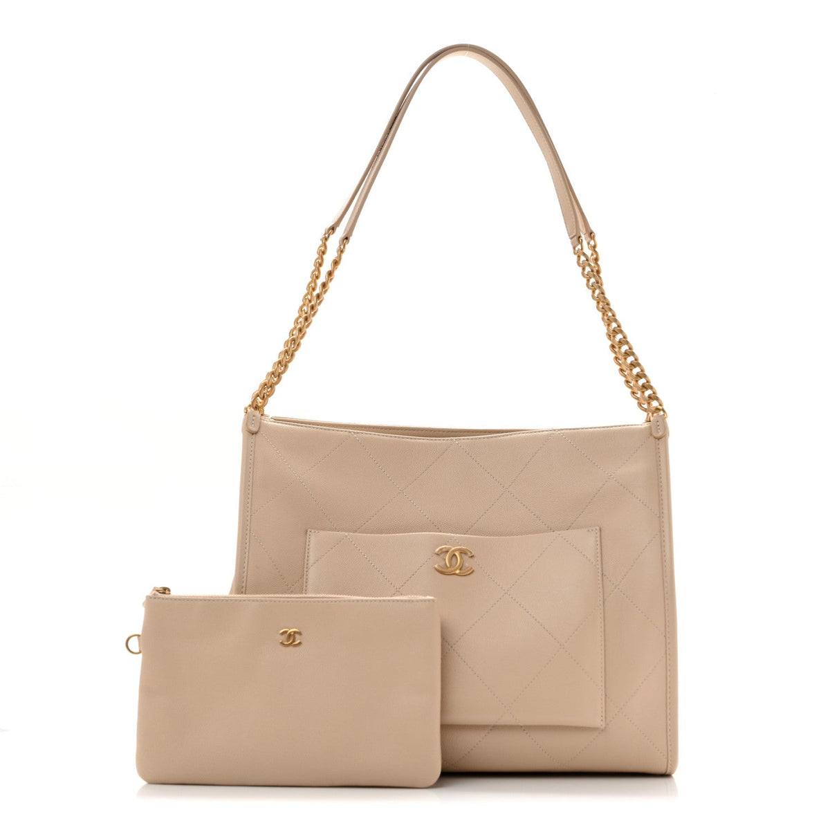 Caviar Stitched Pocket CC Large Tote Beige