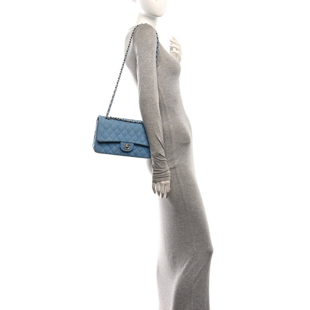 Denim Quilted Medium Double Flap Light Blue