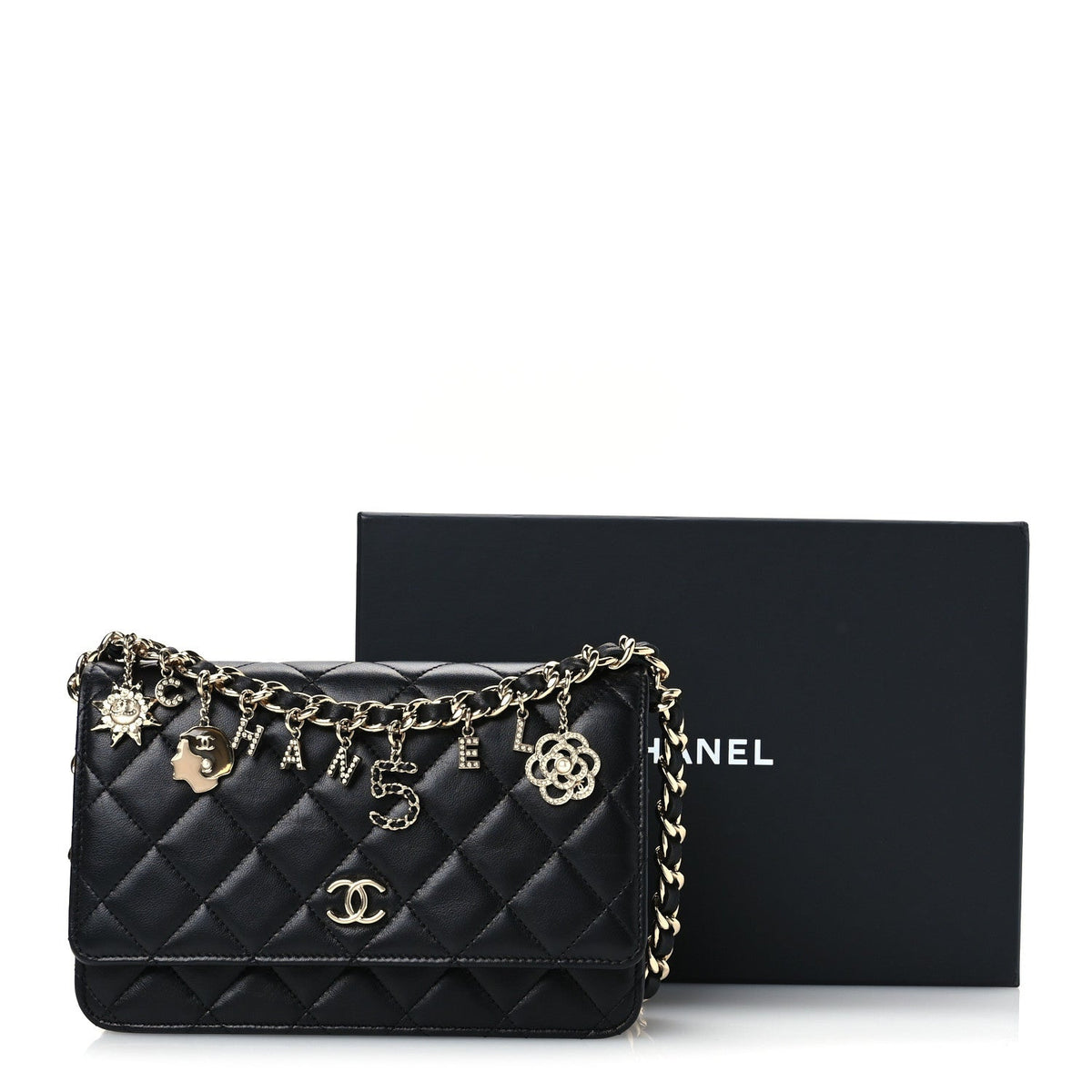 Lambskin Quilted Coco Charms Wallet On Chain Black