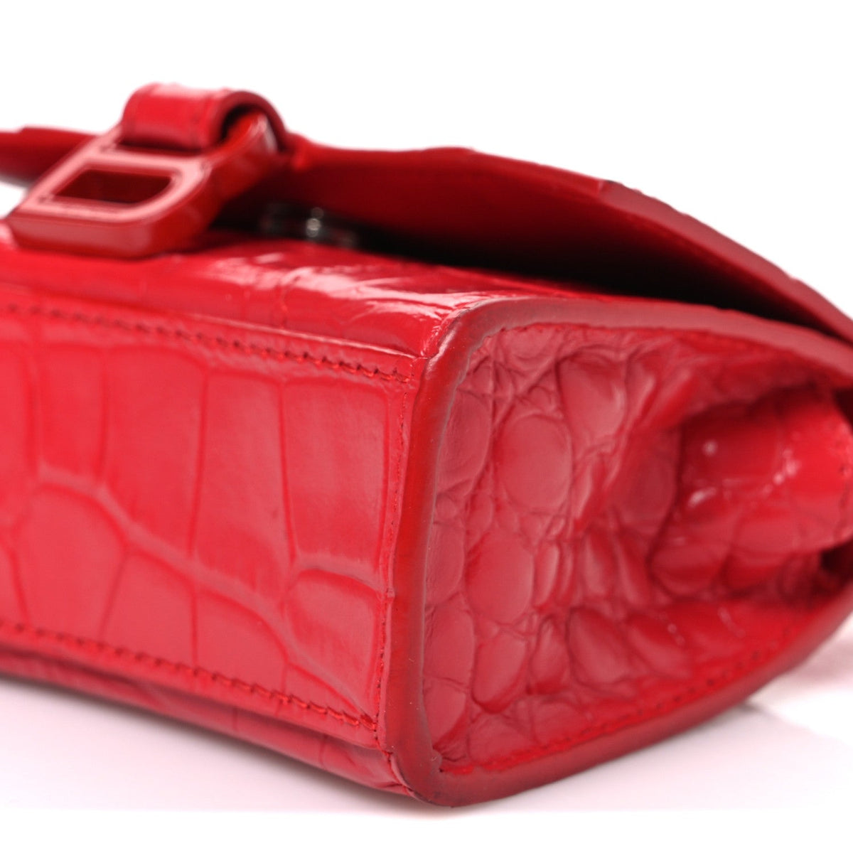 Shiny Calfskin Tonal B Crocodile Embossed Hourglass Top Handle Bag Mini Bright Red