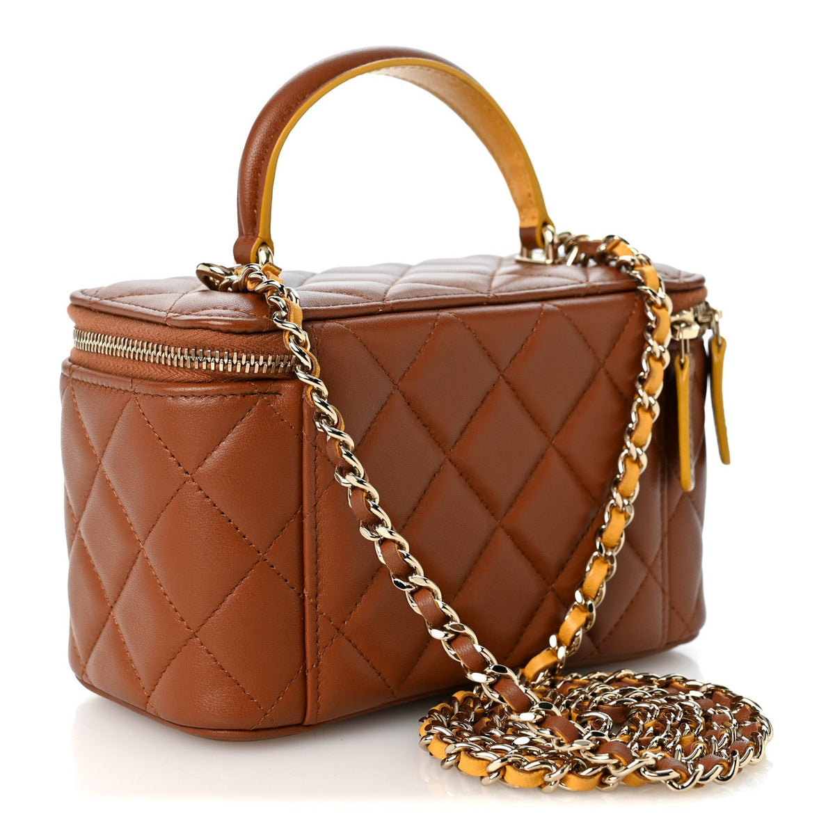 Lambskin Quilted Small Top Handle Vanity Case With Chain Light Brown Yellow