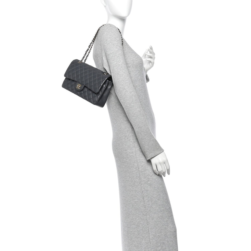 Caviar Quilted Medium Double Flap Dark Grey
