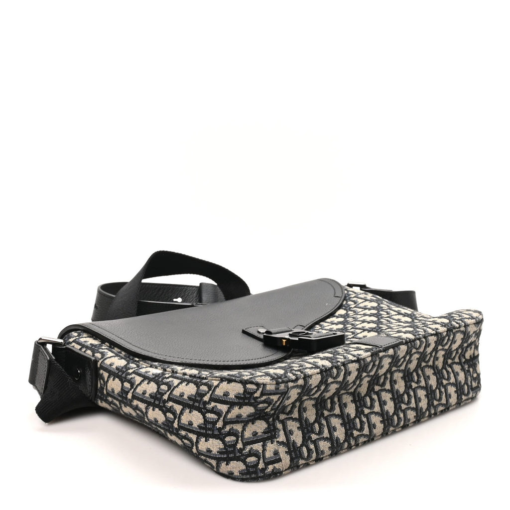 Oblique Jacquard Grained Calfskin Medium Saddle Messenger Bag Beige Black