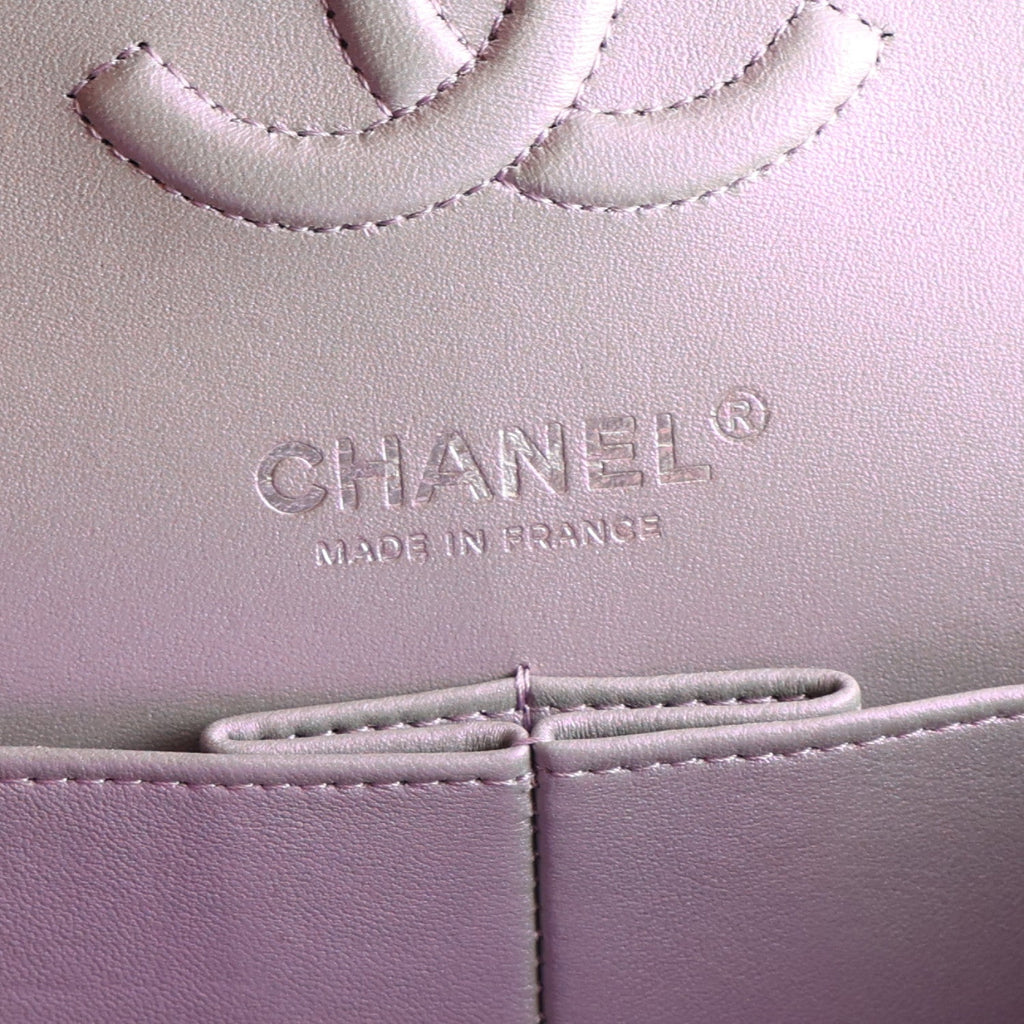 Iridescent Calfskin Quilted Small Double Flap Light Purple