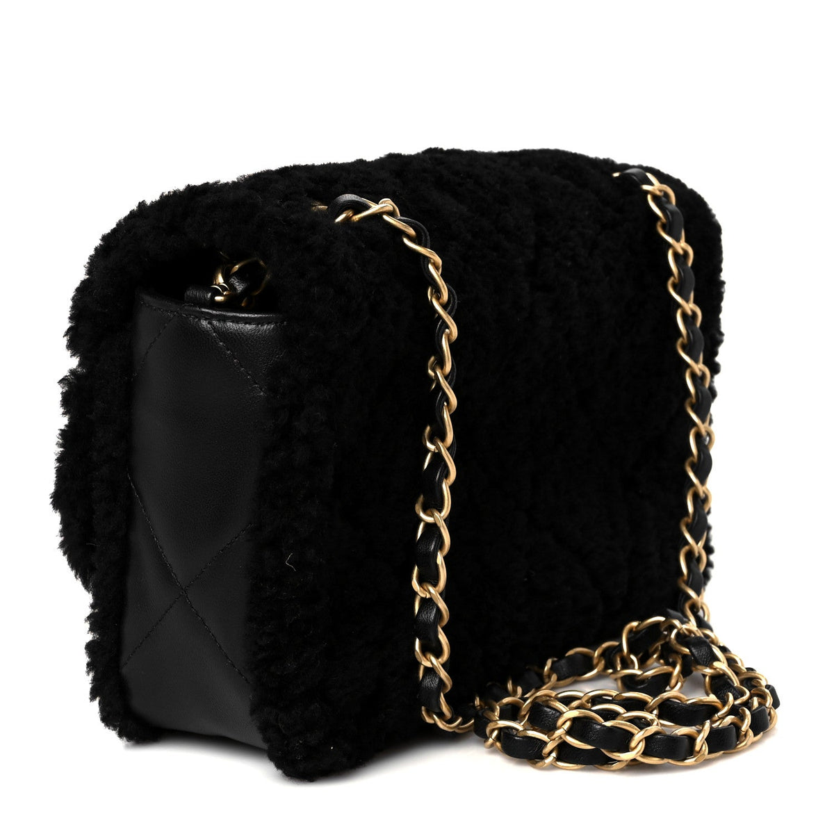 Shearling Lambskin Quilted Furry Coco Flap Black