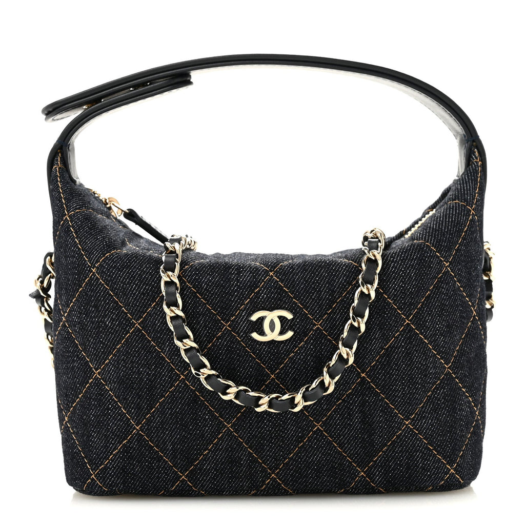 Denim Quilted Hobo Clutch With Chain Dark Blue Orange
