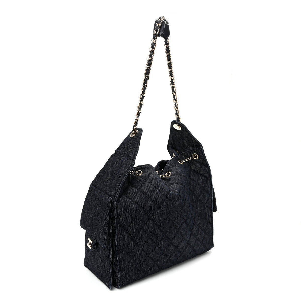 Denim Quilted Medium Chanel 25 Handbag Dark Blue