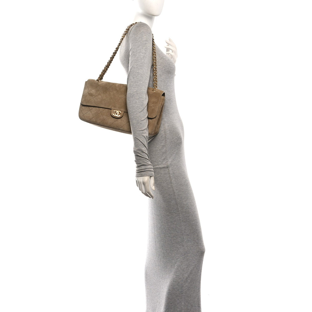 Suede Calfskin Small Souplissimo Maxi Flap Dark Beige