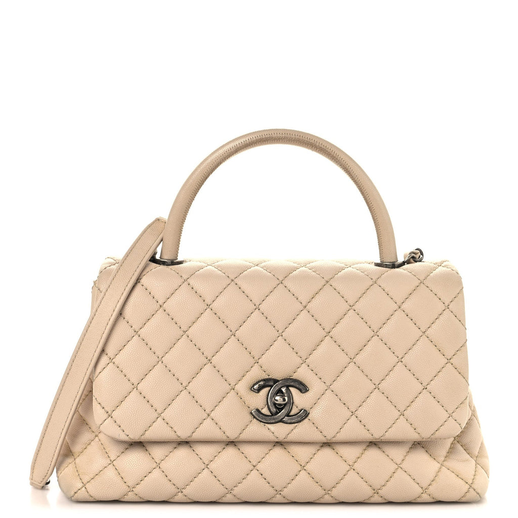 Caviar Quilted Small Coco Handle Flap Light Beige