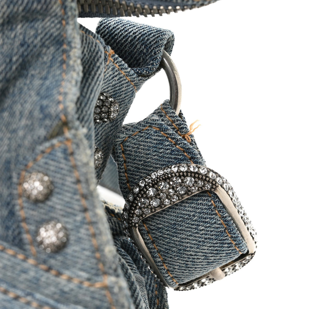 Washed Frayed Denim Crystal Neo Cagole Handbag XS Blue