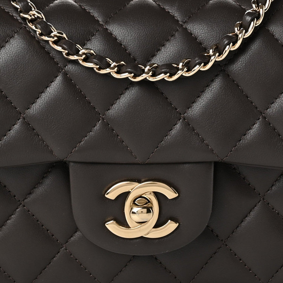 Lambskin Quilted Mini Top Handle Rectangular Flap Dark Brown