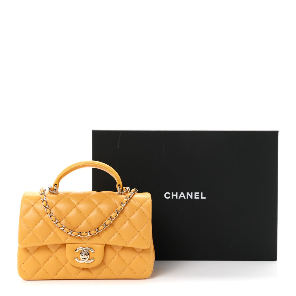 Lambskin Quilted Mini Top Handle Rectangular Flap Yellow
