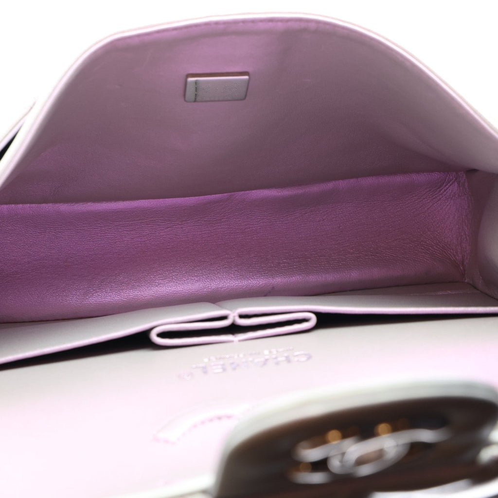 Iridescent Calfskin Quilted Small Double Flap Light Purple