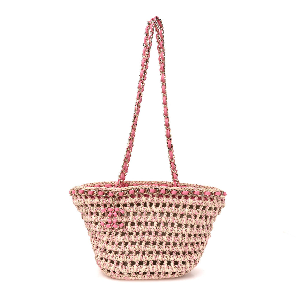 Mixed Fibers Calfskin Crochet Small Shopping Bag Beige Pink
