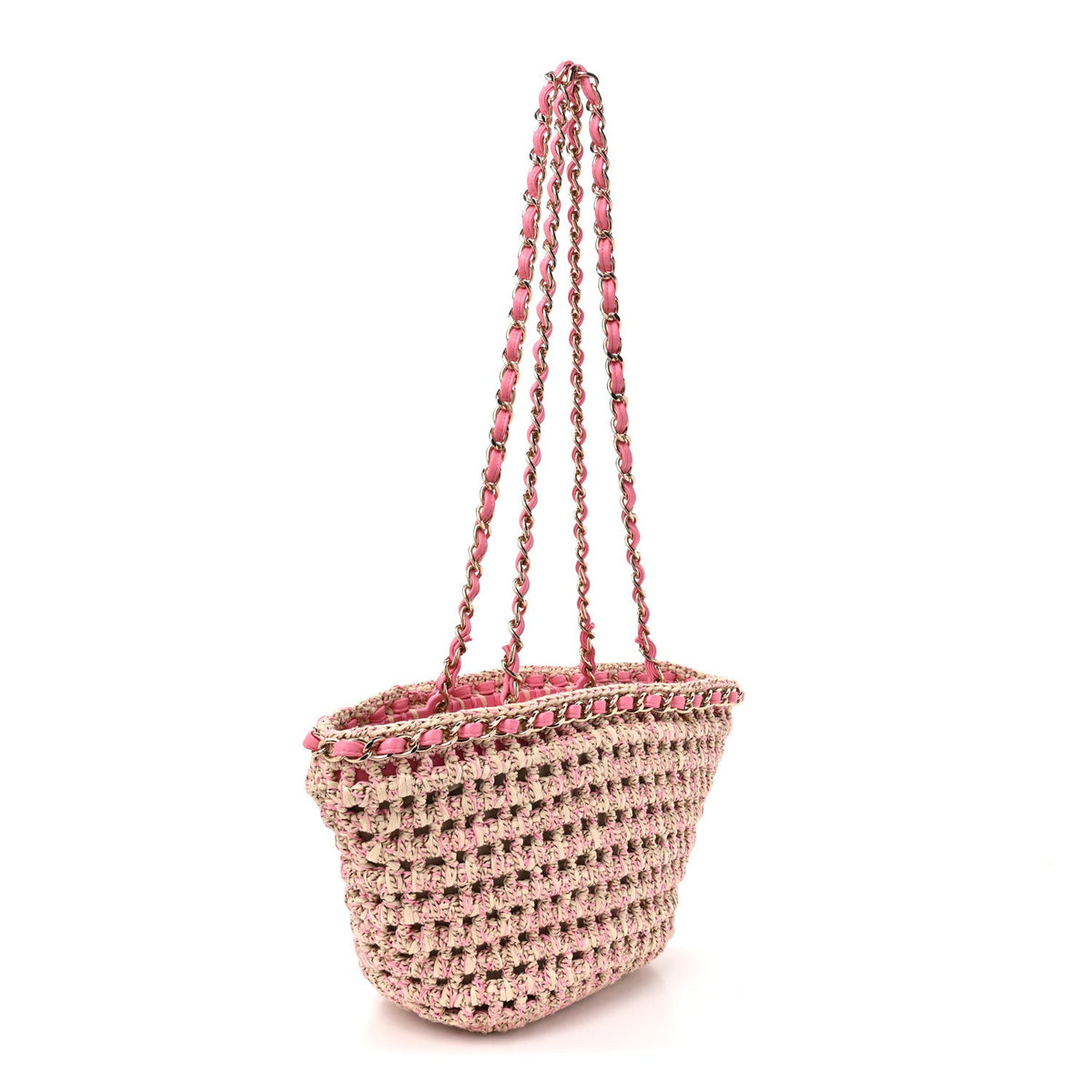 Mixed Fibers Calfskin Crochet Small Shopping Bag Beige Pink