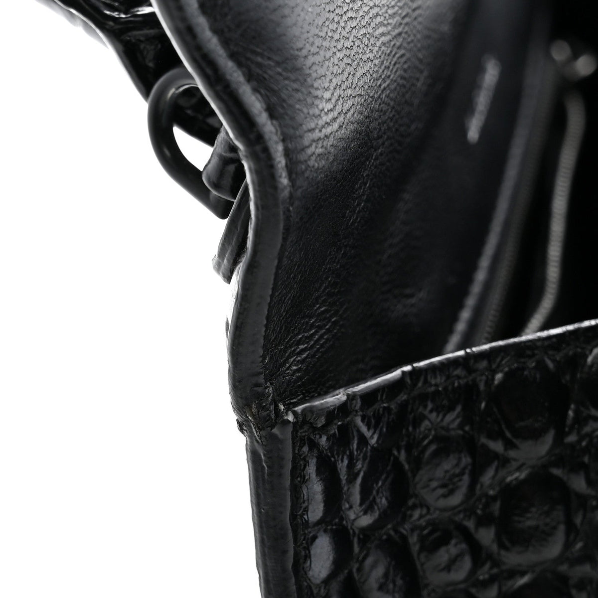 Shiny Calfskin Monochrome Crocodile Embossed Small Hourglass Top Handle Bag Black