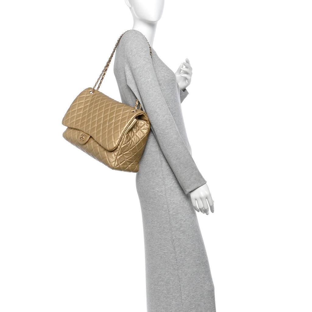 Metallic Calfskin Quilted Small XXL Travel Flap Bag Gold