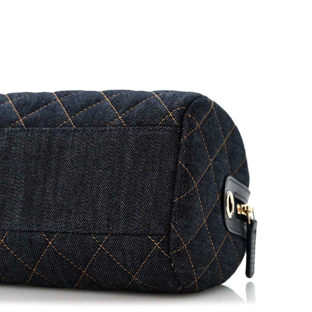 Denim Quilted Barrel Clutch With Chain Dark Blue Orange