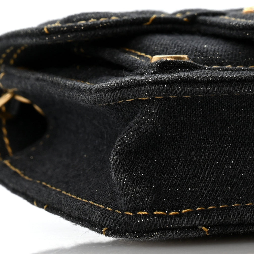 Denim Quilted Double You Mini Flap Black Golden