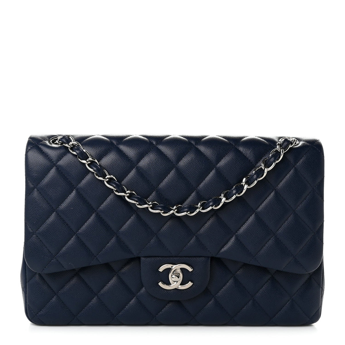 Caviar Quilted Jumbo Double Flap Navy Blue