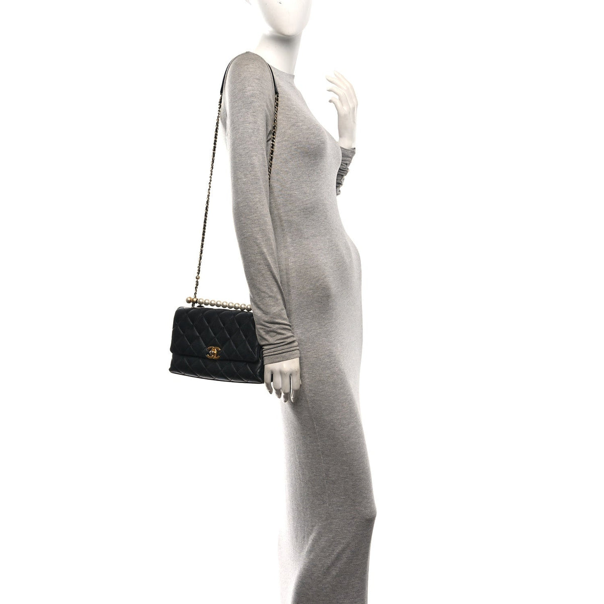 Lambskin Quilted Pearl Handle Flap Black