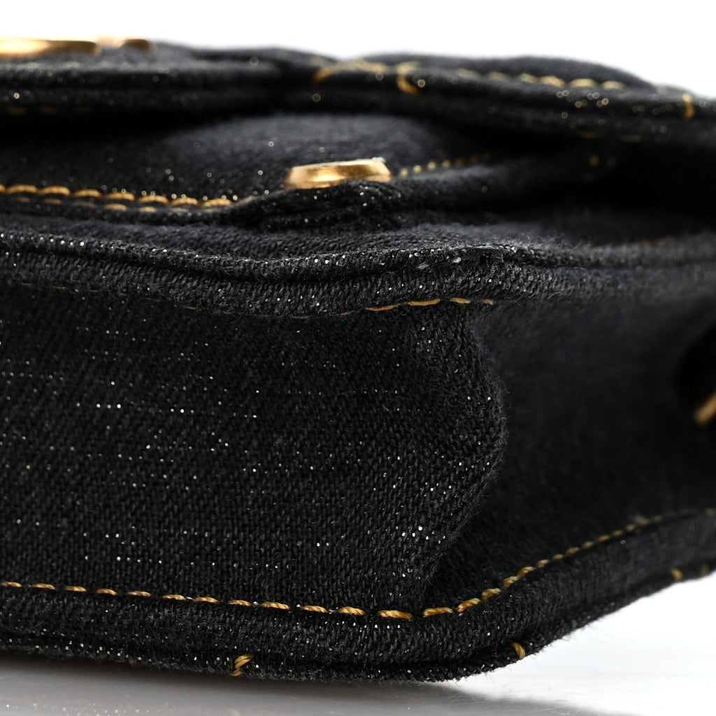 Denim Quilted Double You Mini Flap Black Golden