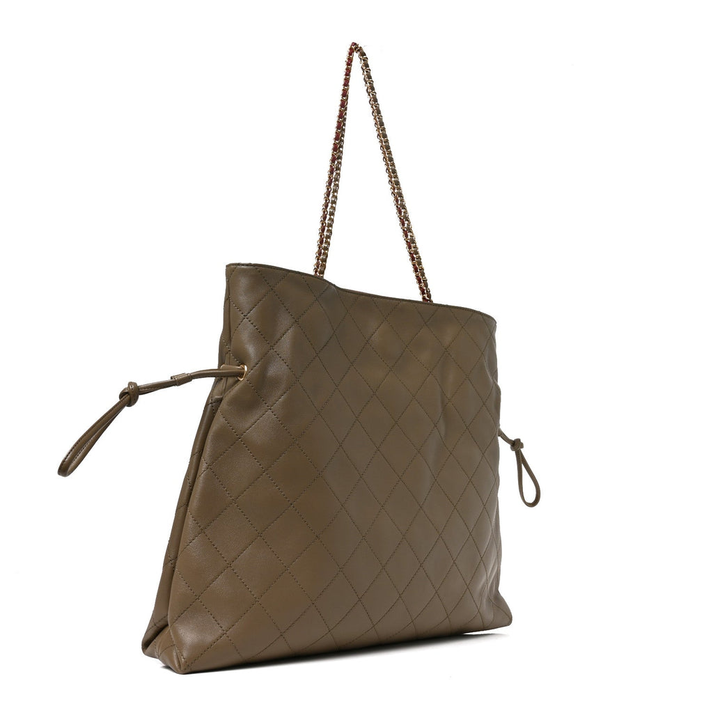 Lambskin Quilted Drawstring Shopping Bag  Dark Khaki