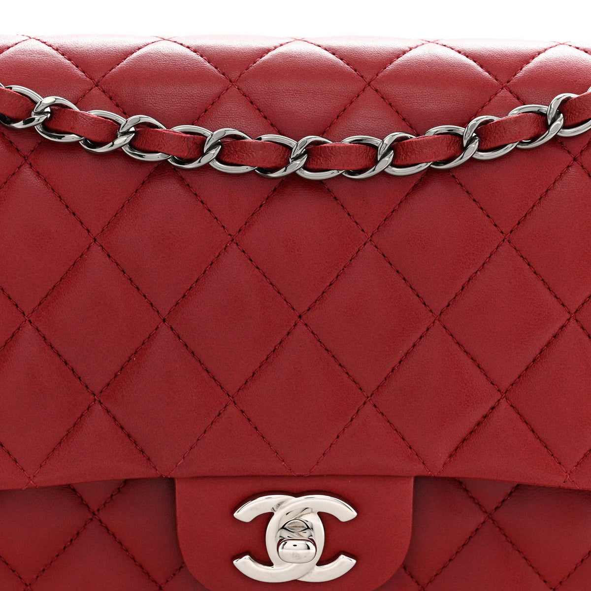 Lambskin Quilted Medium Double Flap Red