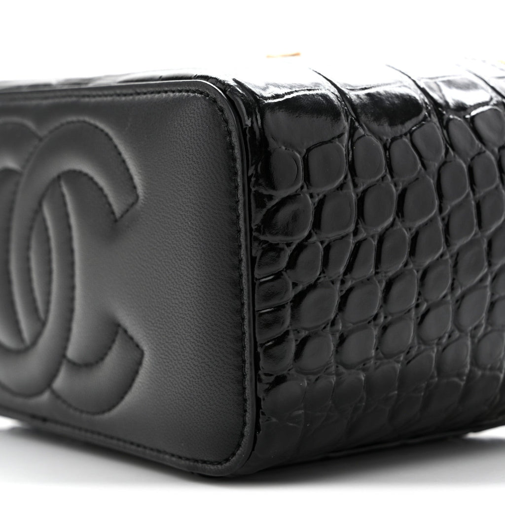 Calfskin Crocodile Embossed Crococo Small Top Handle Vanity Case With Chain Black