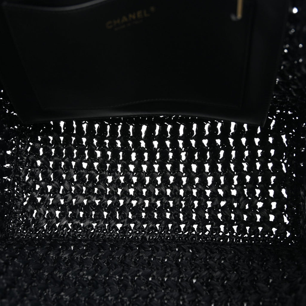 Raffia Effect Calfskin Coco Beach Shopping Tote Black