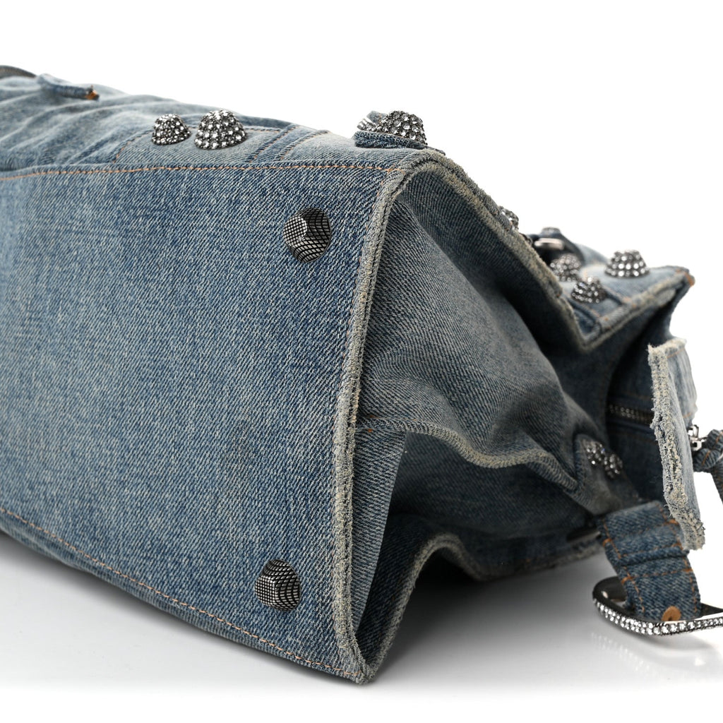 Washed Frayed Denim Crystal Neo Cagole City Handbag Blue