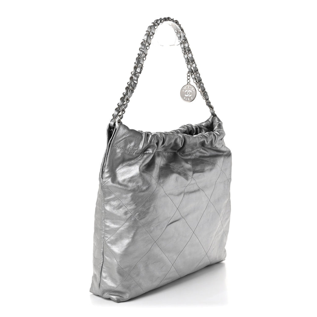 Metallic Calfskin Quilted Chanel 22 Silver