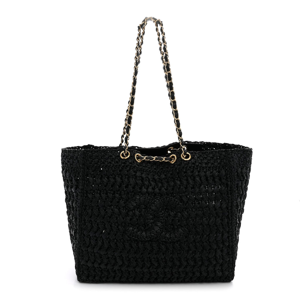 Raffia Effect Calfskin Coco Beach Shopping Tote Black