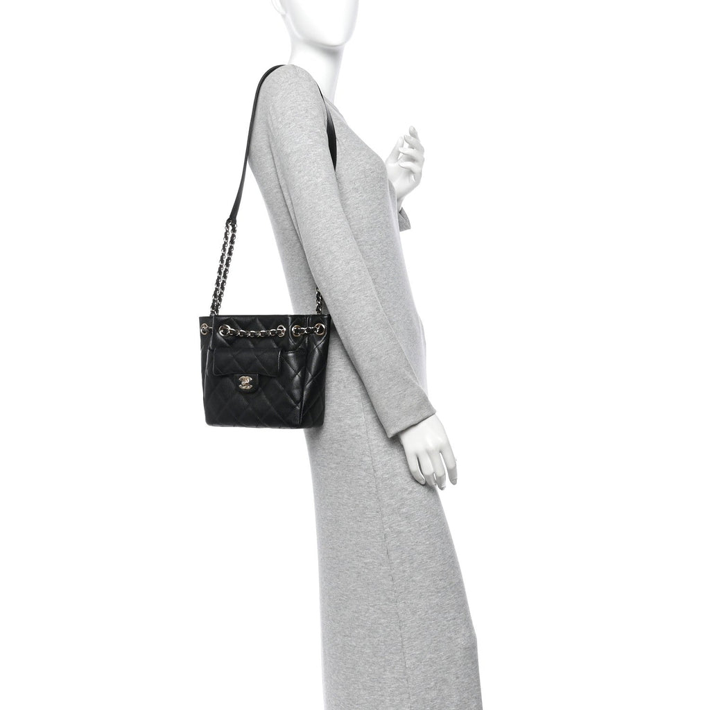 Caviar Quilted Flap Bucket Bag Black