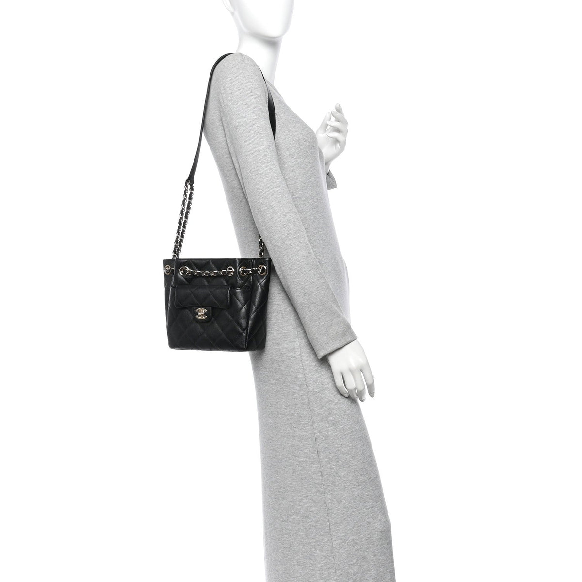 Caviar Quilted Flap Bucket Bag Black