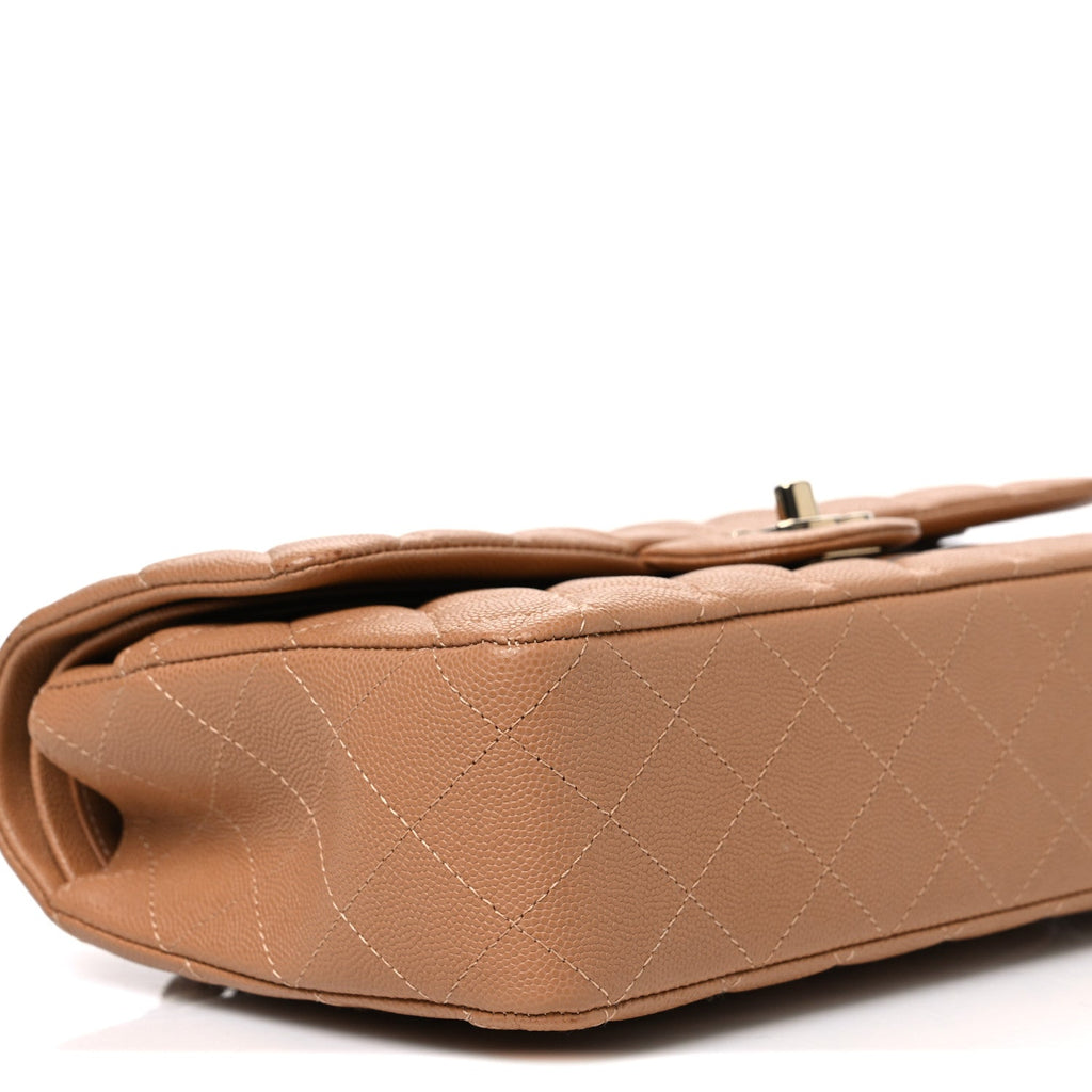 Caviar Quilted Medium Double Flap Light Brown