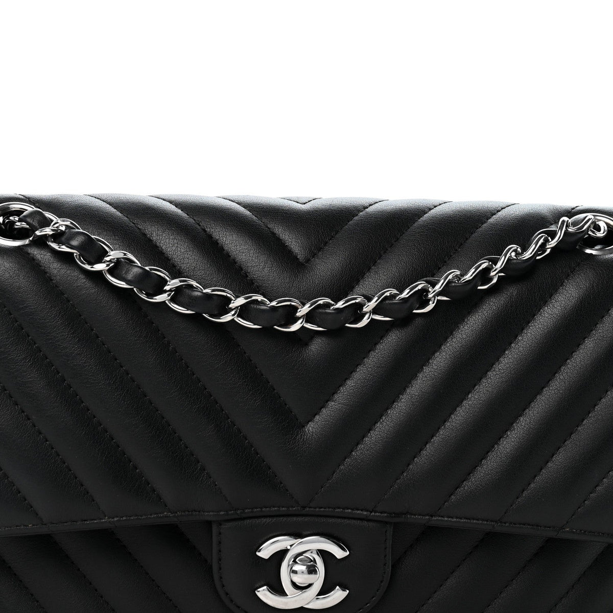 Lambskin Chevron Quilted Medium Double Flap Black