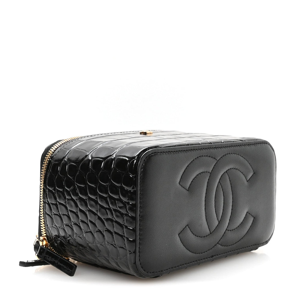 Calfskin Crocodile Embossed Crococo Small Top Handle Vanity Case With Chain Black