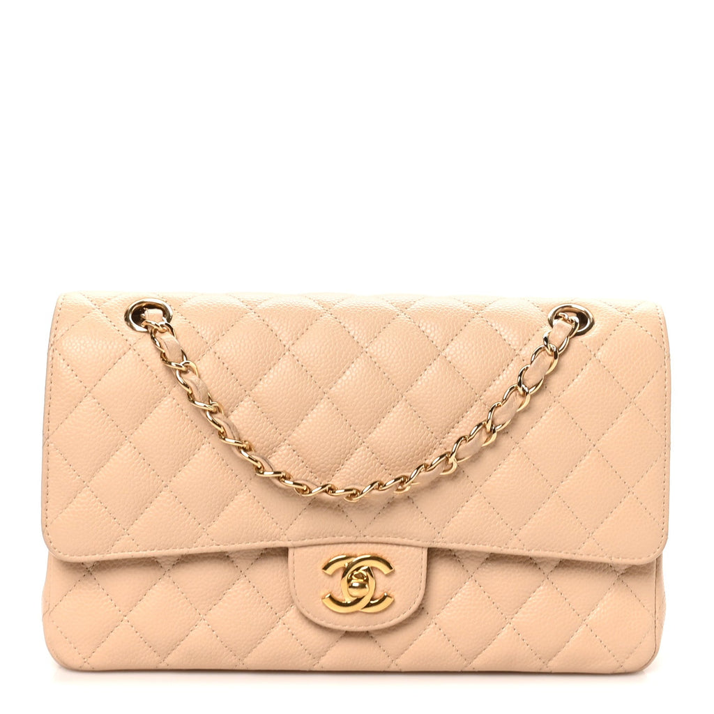 Caviar Quilted Medium Double Flap Beige