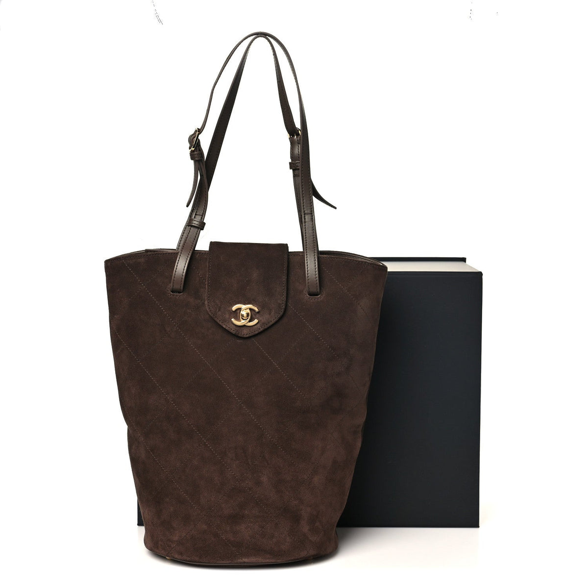 Suede Quilted Large Bucket Bag  Dark Brown