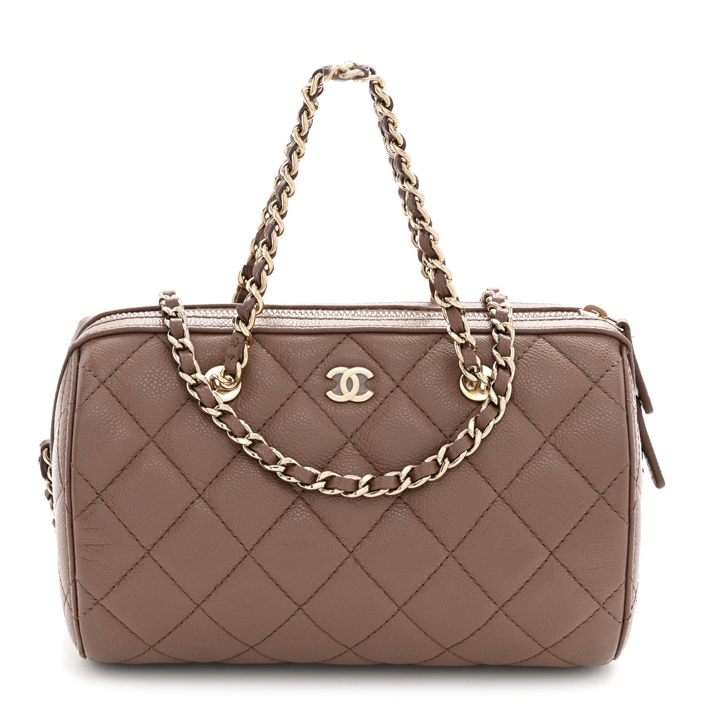 Caviar Quilted Barrel Clutch With Chain Brown