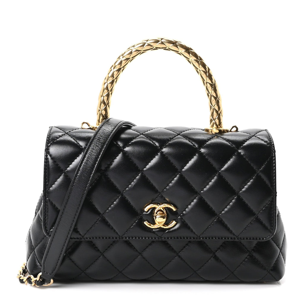 Shiny Calfskin Quilted Mini Coco Chain Gold Handle Flap Black